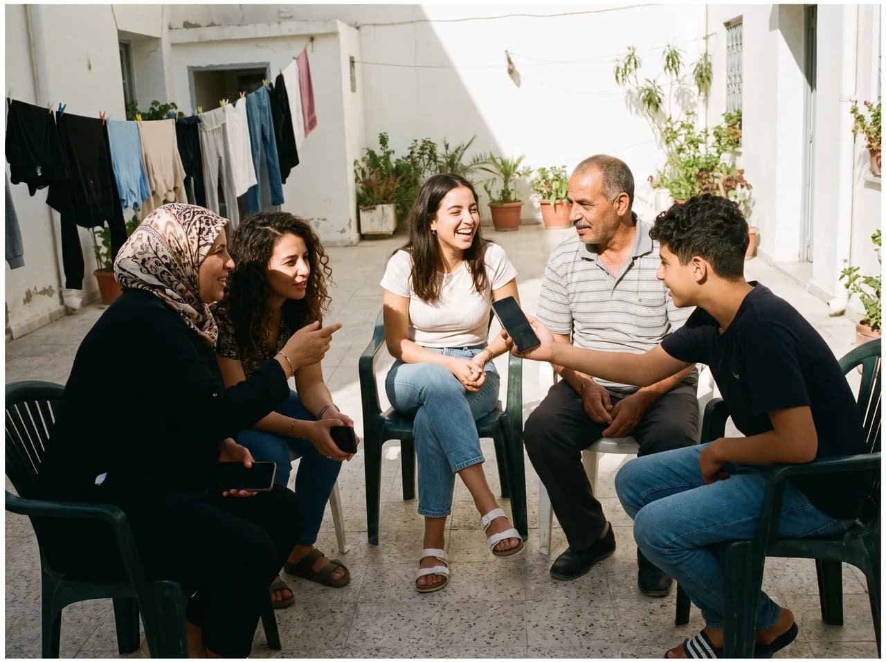 Speakers of different generations in conversation in a courtyard in Tunis