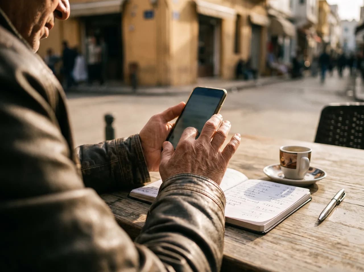 Hands typing a message on a phone beside handwritten notes in Latin letters and numerals